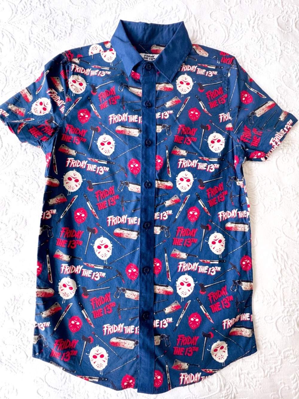 worn once! friday the 13th royal blue button up unisex xs jason halloween